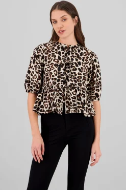 Shasa Animal Print Puff Sleeve Blouse