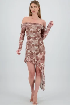 Shasa Asymmetric Off Shoulder Floral Midi Dress