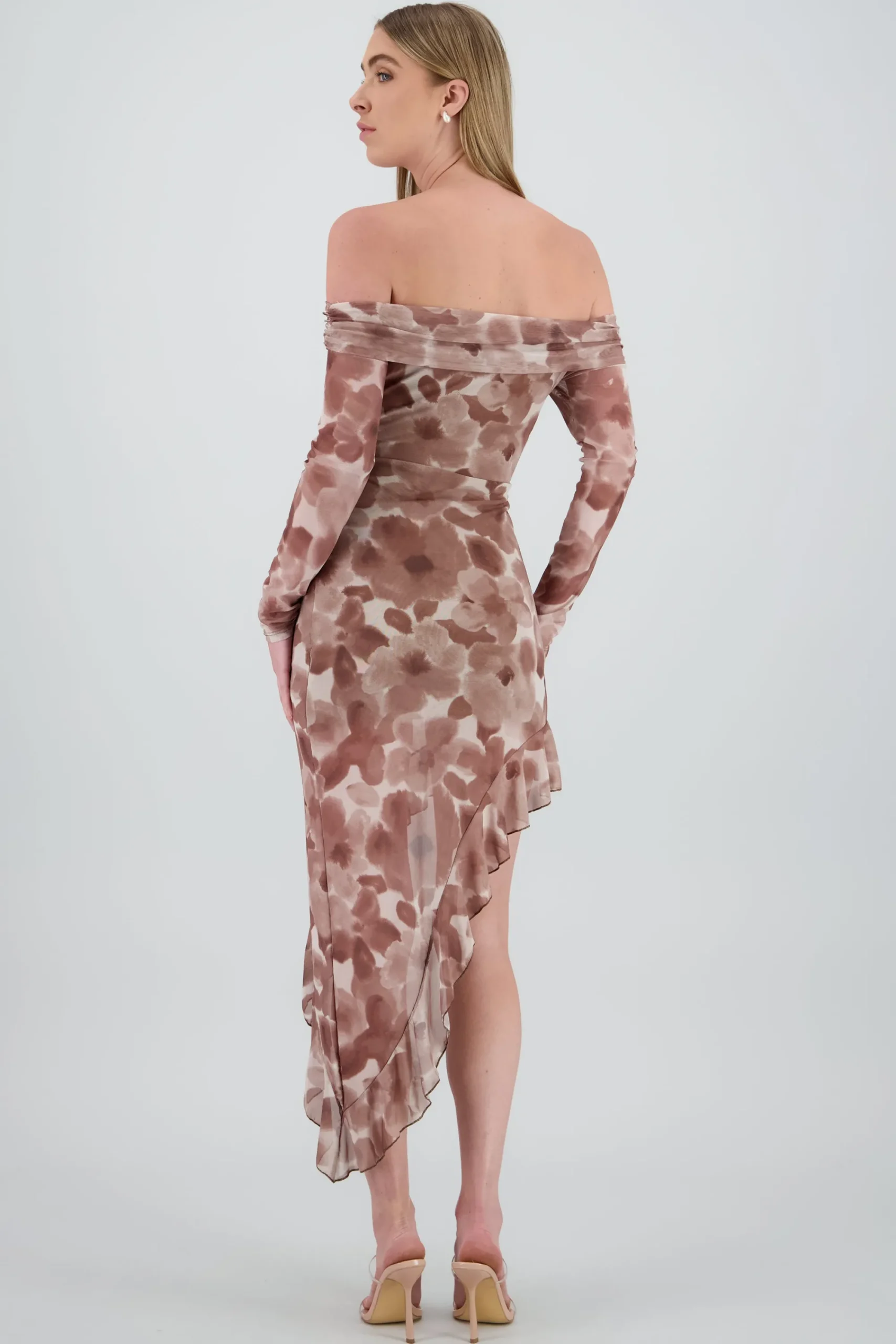 Shasa Asymmetric Off Shoulder Floral Midi Dress