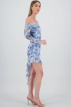 Shasa Asymmetric Off Shoulder Floral Midi Dress