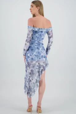 Shasa Asymmetric Off Shoulder Floral Midi Dress