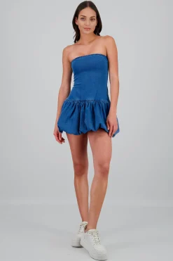 Shasa Balloon Hem Strapless Denim Dress