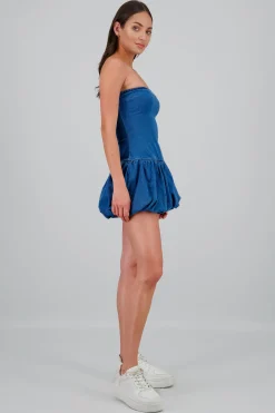 Shasa Balloon Hem Strapless Denim Dress