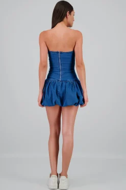 Shasa Balloon Hem Strapless Denim Dress