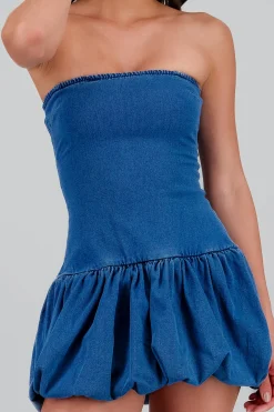 Shasa Balloon Hem Strapless Denim Dress