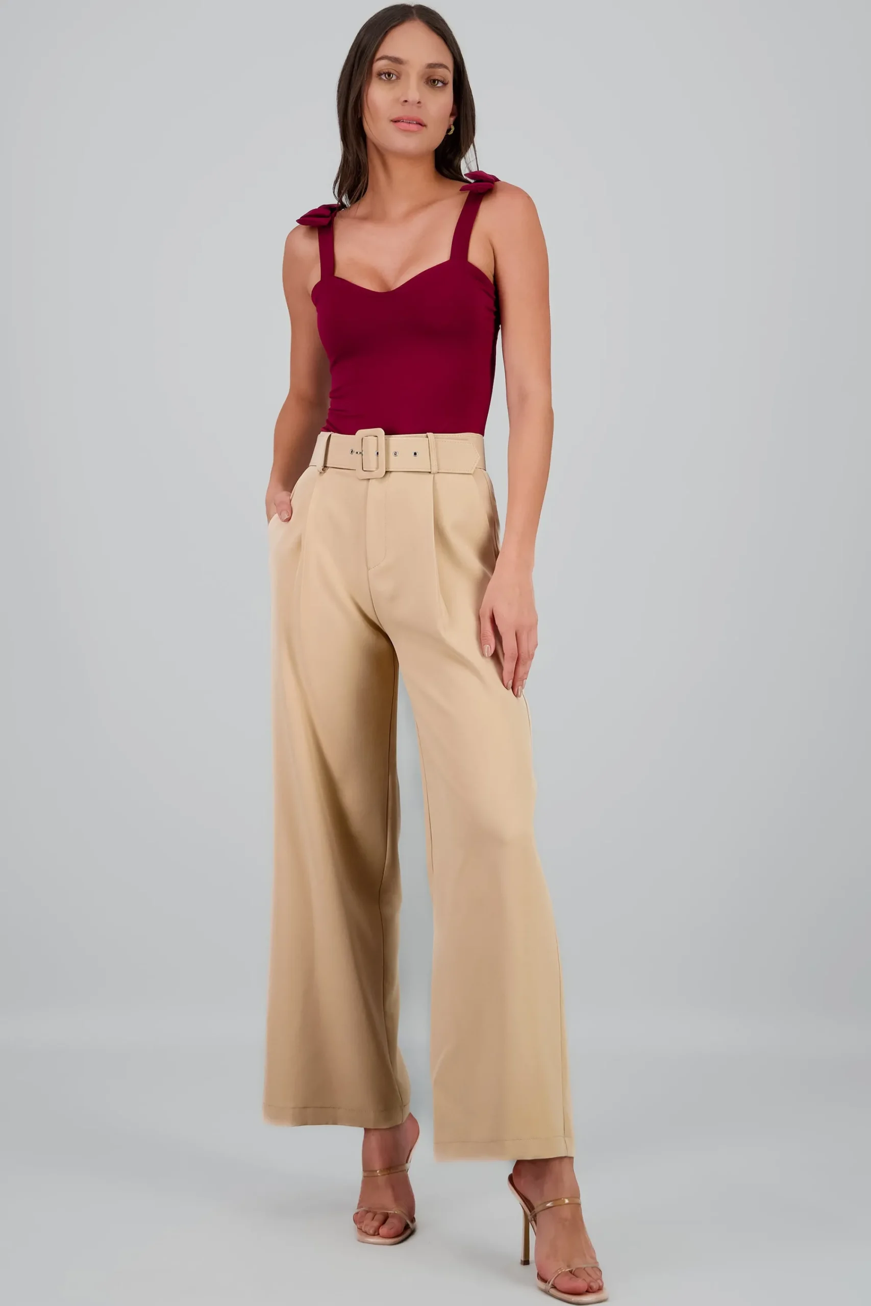 Shasa Basic Wide Leg Dress Pants With Belt