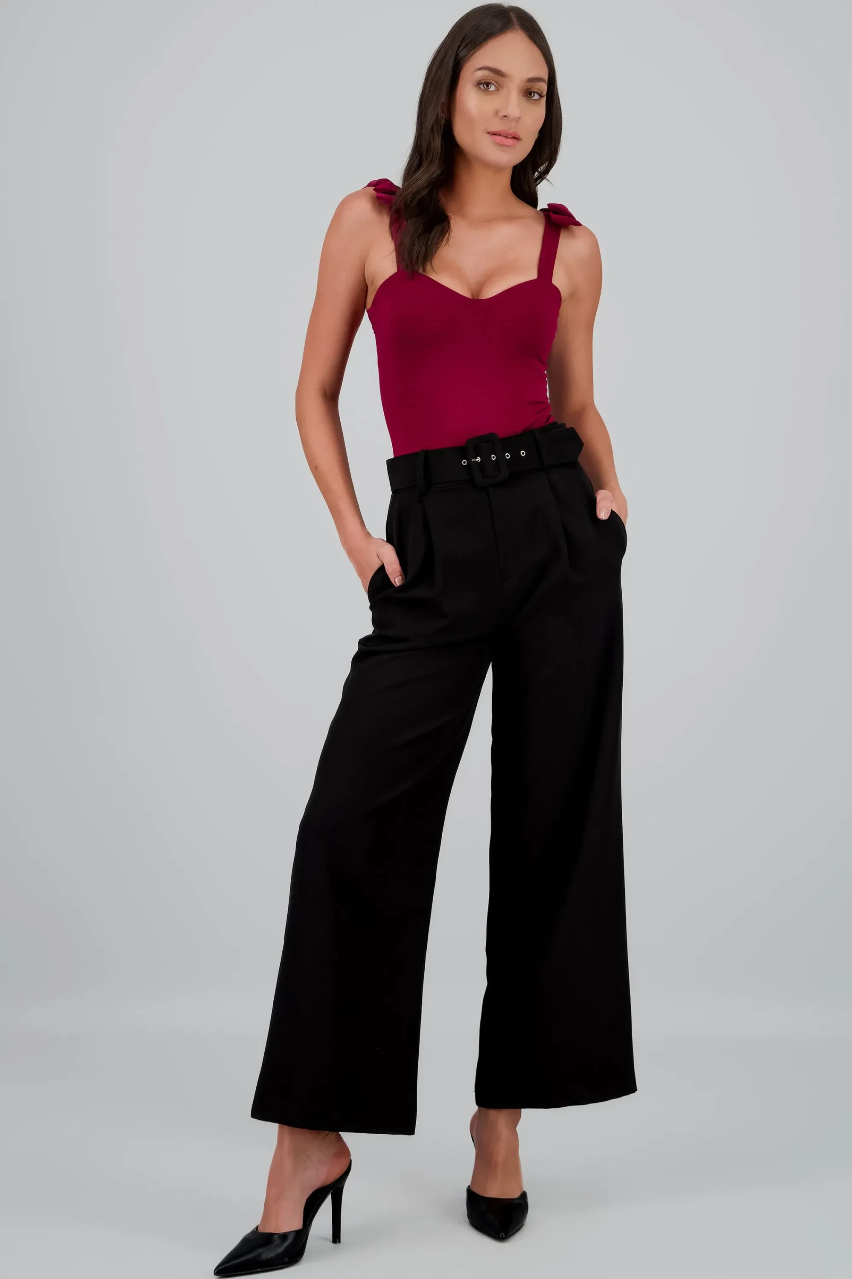 Shasa Basic Wide Leg Dress Pants With Belt