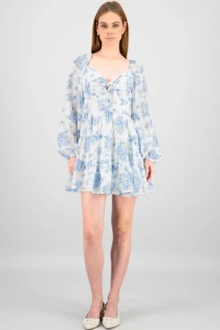 Shasa Bow and Flowers Long Sleeve Mini Dress