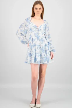 Shasa Bow and Flowers Long Sleeve Mini Dress