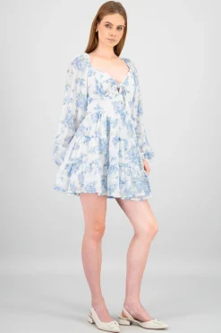 Shasa Bow and Flowers Long Sleeve Mini Dress