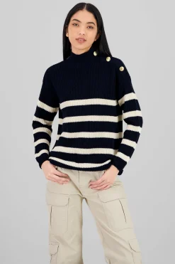 Shasa Button Neck Detail Striped Sweater