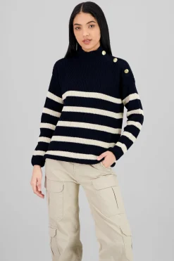 Shasa Button Neck Detail Striped Sweater