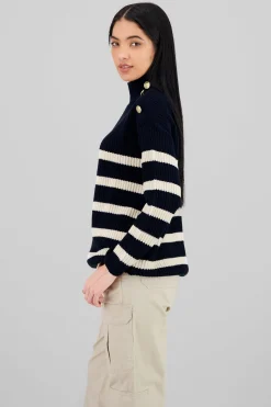 Shasa Button Neck Detail Striped Sweater