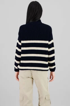 Shasa Button Neck Detail Striped Sweater