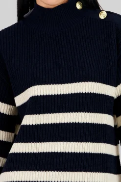 Shasa Button Neck Detail Striped Sweater