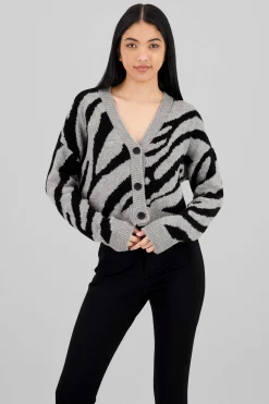 Shasa Buttoned Zebra Animal Print Cardigan