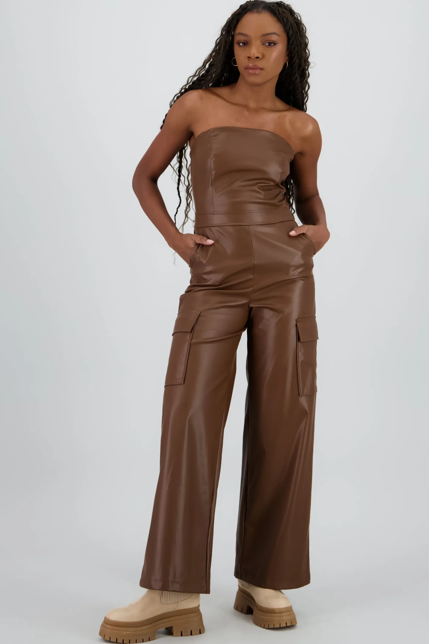 Shasa Cargo Faux Leather Jumpsuit