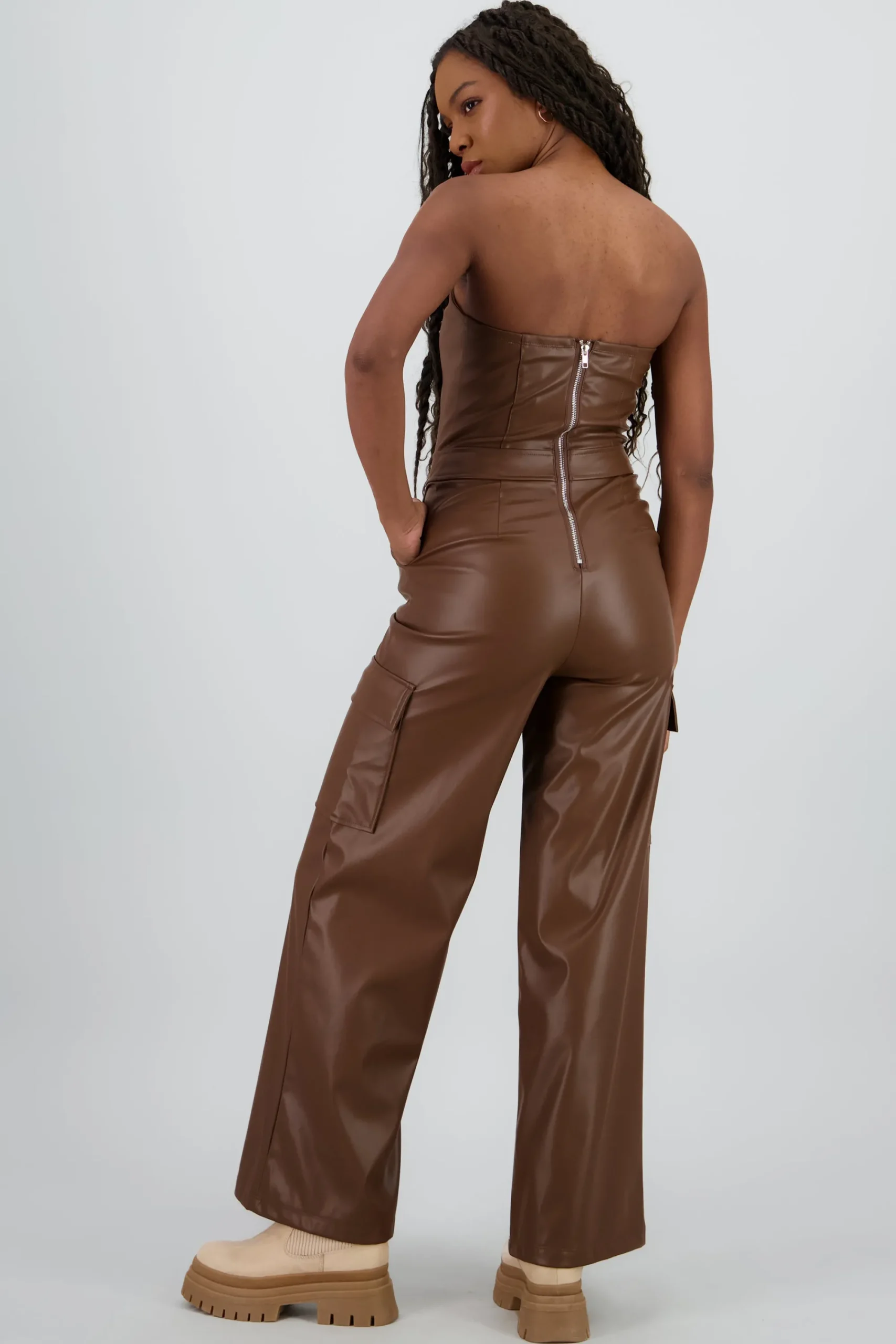 Shasa Cargo Faux Leather Jumpsuit