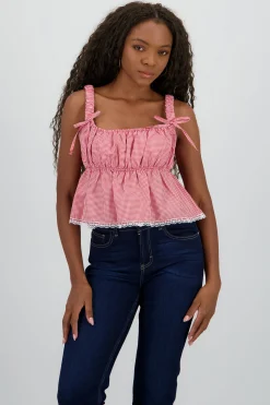 Shasa Checkered Strappy Blouse with Lace Detail