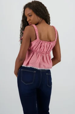 Shasa Checkered Strappy Blouse with Lace Detail