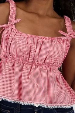 Shasa Checkered Strappy Blouse with Lace Detail