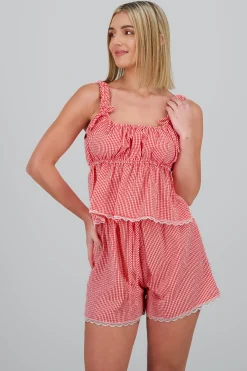 Shasa Checkered Strappy Blouse with Lace Detail