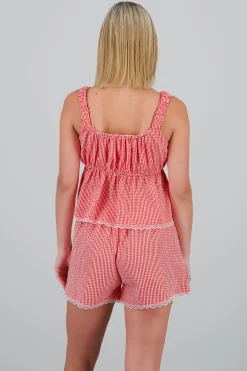 Shasa Checkered Strappy Blouse with Lace Detail