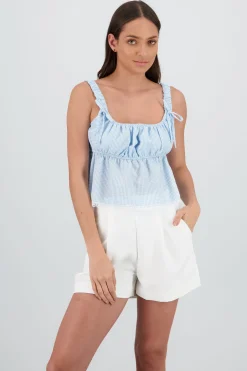Shasa Checkered Strappy Blouse with Lace Detail