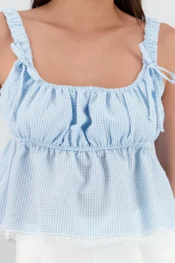 Shasa Checkered Strappy Blouse with Lace Detail