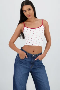 Shasa Cherry Print Contrast Strap Top