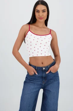 Shasa Cherry Print Contrast Strap Top