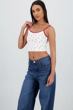 Shasa Cherry Print Contrast Strap Top