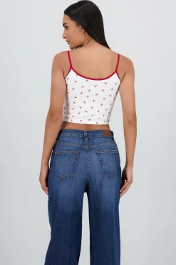 Shasa Cherry Print Contrast Strap Top