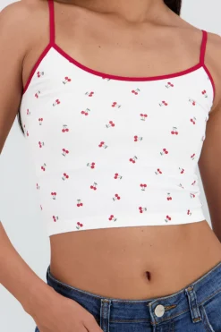 Shasa Cherry Print Contrast Strap Top