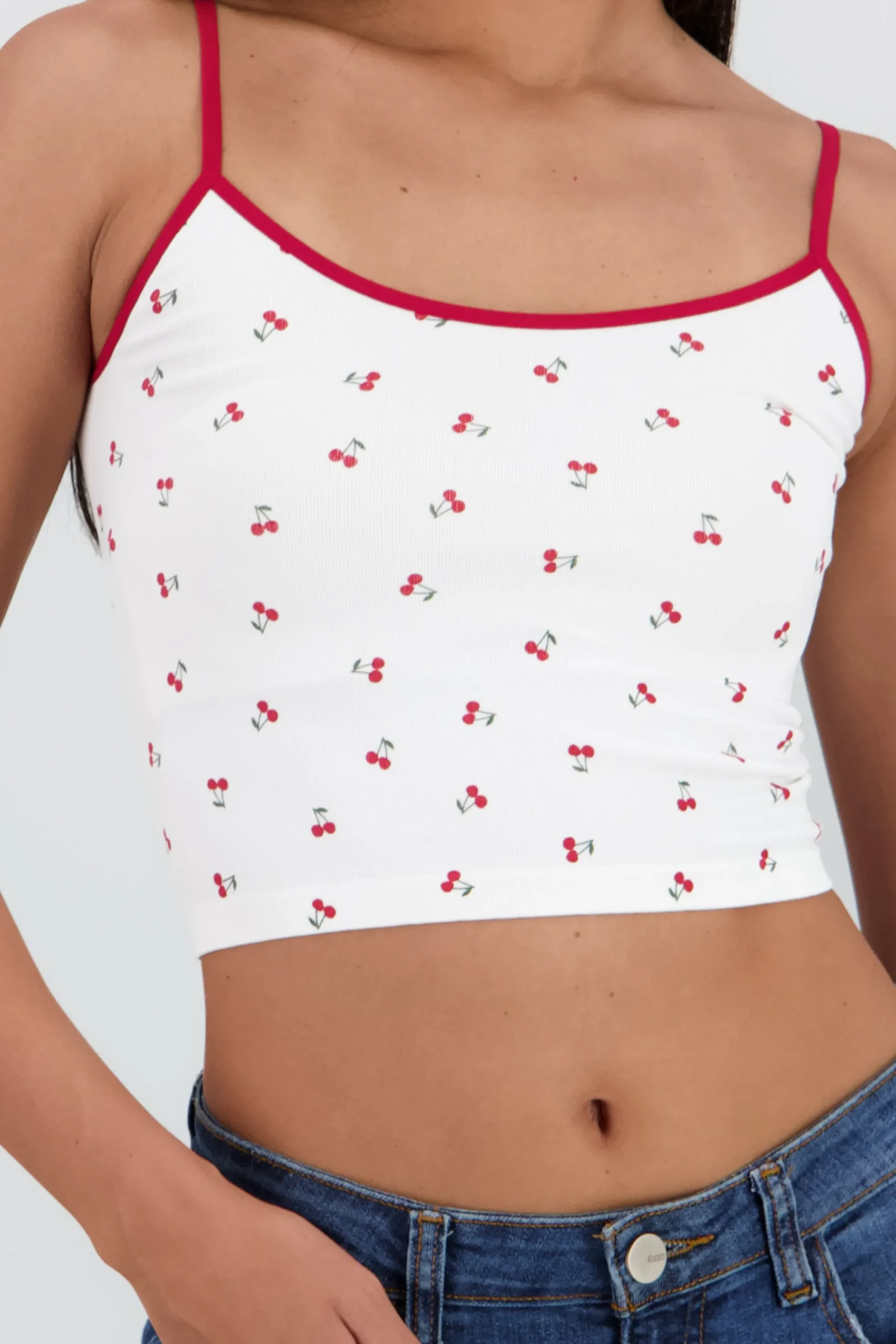 Shasa Cherry Print Contrast Strap Top