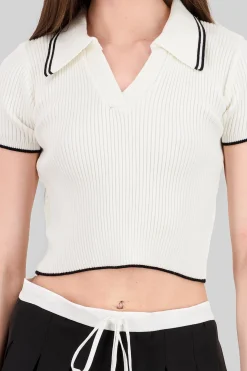 Shasa ColorContrast Polo Neck Crop Top