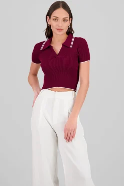 Shasa ColorContrast Polo Neck Crop Top