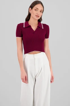 Shasa ColorContrast Polo Neck Crop Top