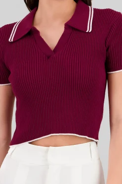 Shasa ColorContrast Polo Neck Crop Top
