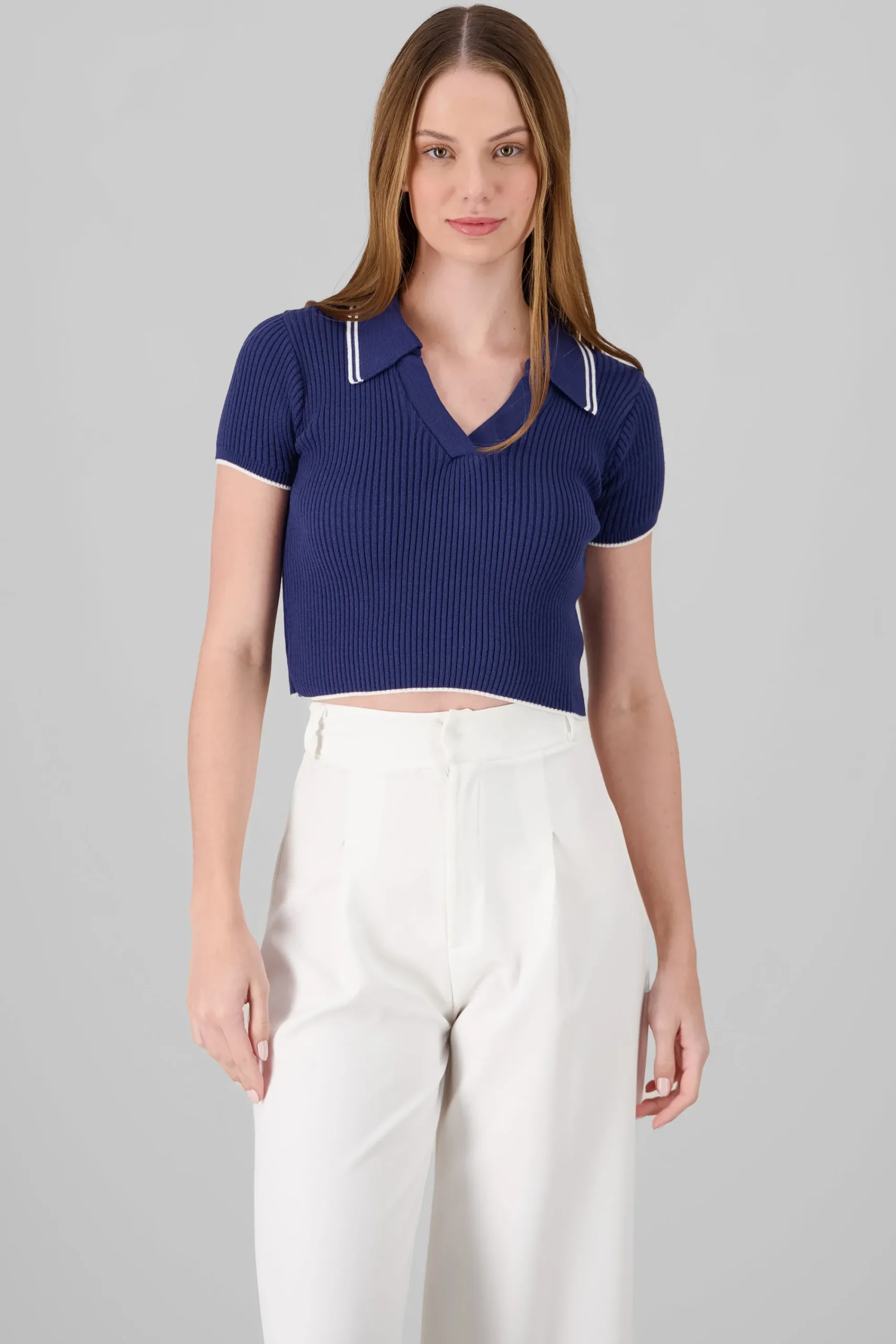 Shasa ColorContrast Polo Neck Crop Top