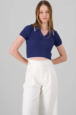 Shasa ColorContrast Polo Neck Crop Top