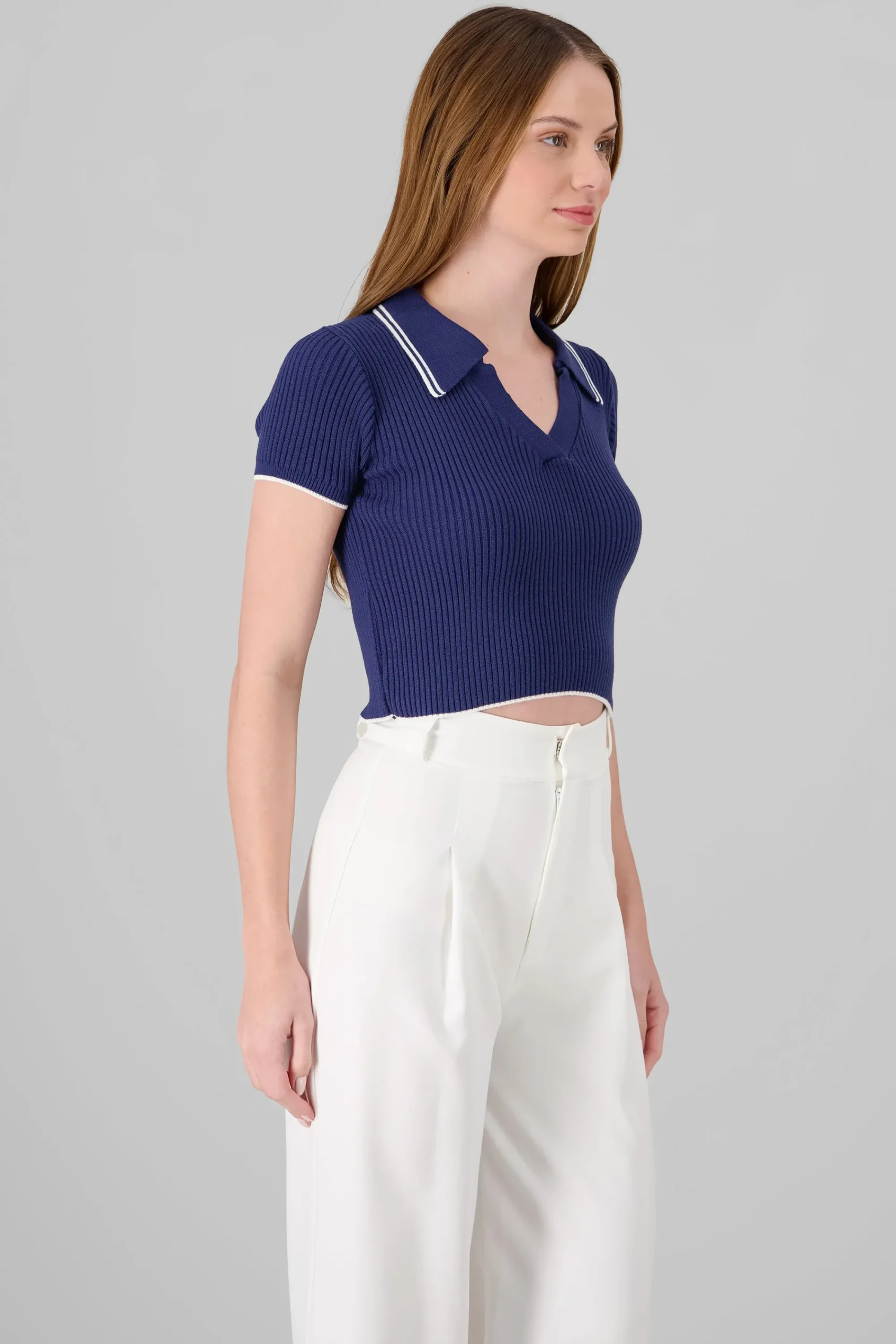 Shasa ColorContrast Polo Neck Crop Top