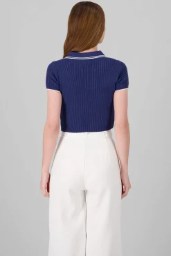 Shasa ColorContrast Polo Neck Crop Top