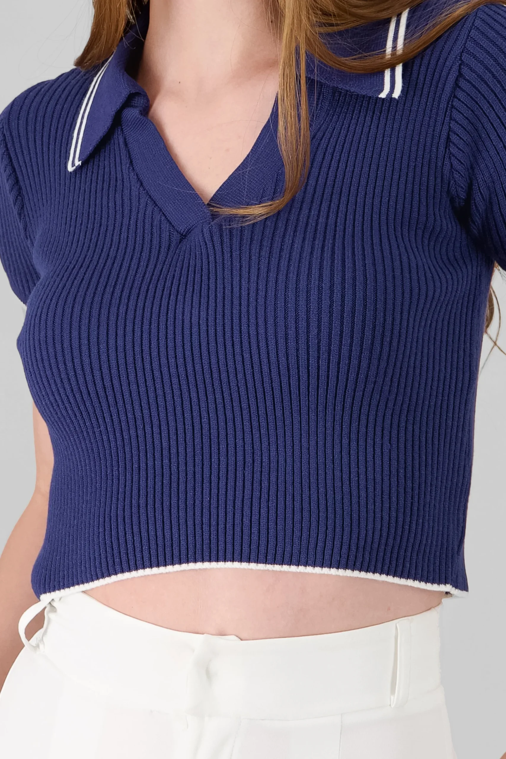 Shasa ColorContrast Polo Neck Crop Top