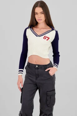 Shasa Contrast Knit Polo Long Sleeve Top