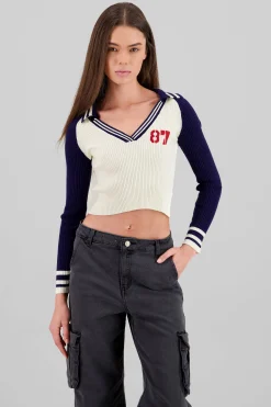 Shasa Contrast Knit Polo Long Sleeve Top