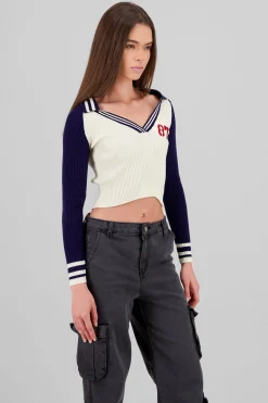 Shasa Contrast Knit Polo Long Sleeve Top
