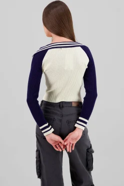 Shasa Contrast Knit Polo Long Sleeve Top