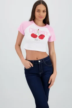 Shasa Contrast Sleeves Cherry Crop Top