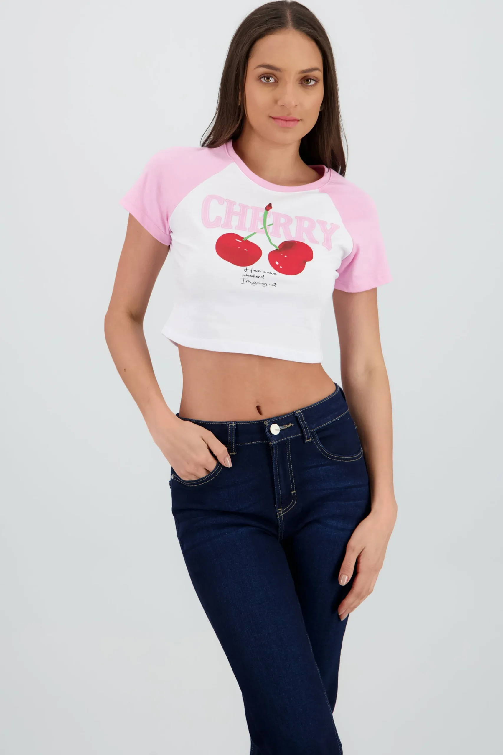 Shasa Contrast Sleeves Cherry Crop Top